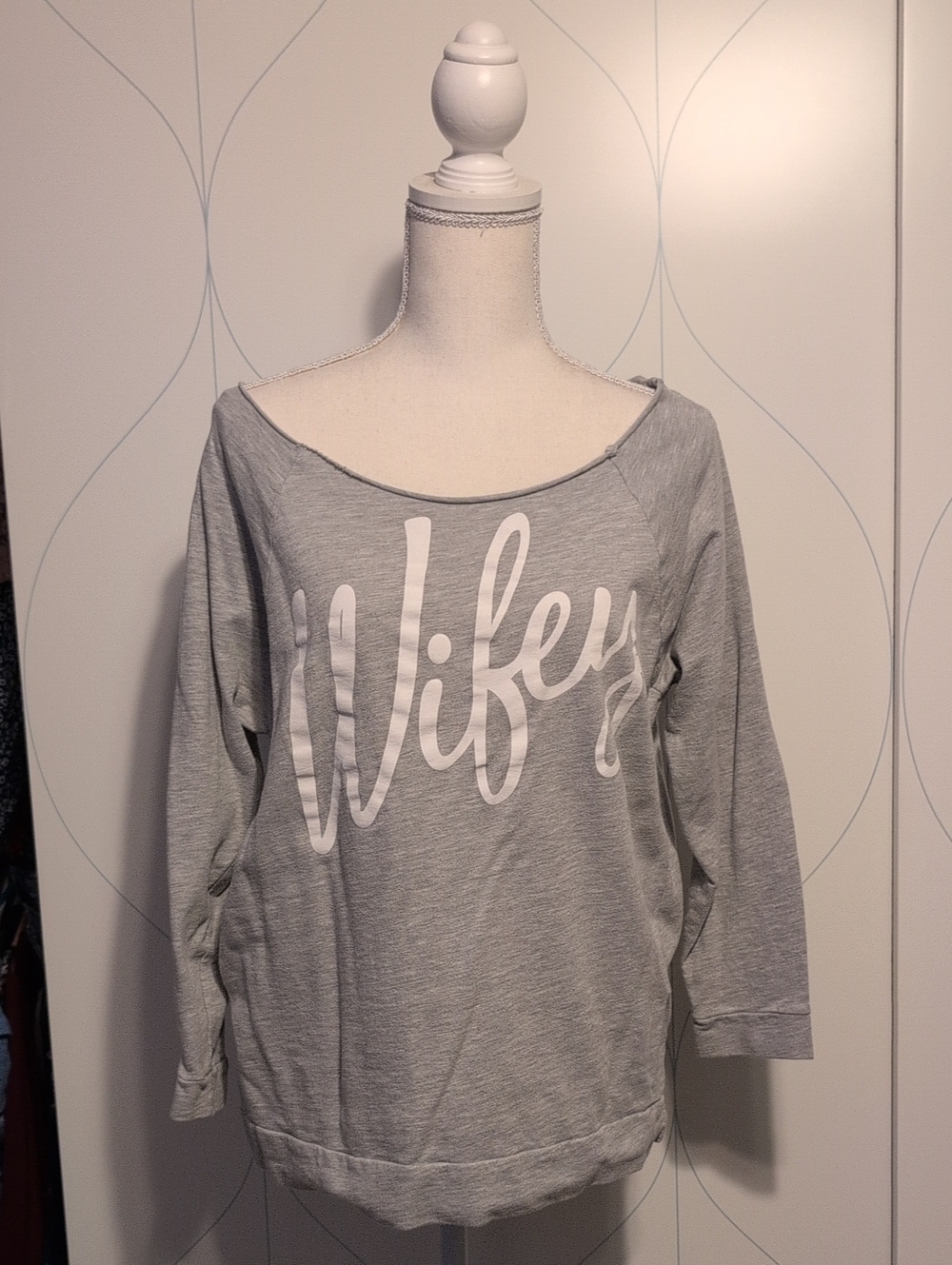 4/$20 Relaxed Gray "Wifey" Off-Shoulder Sweatshirt